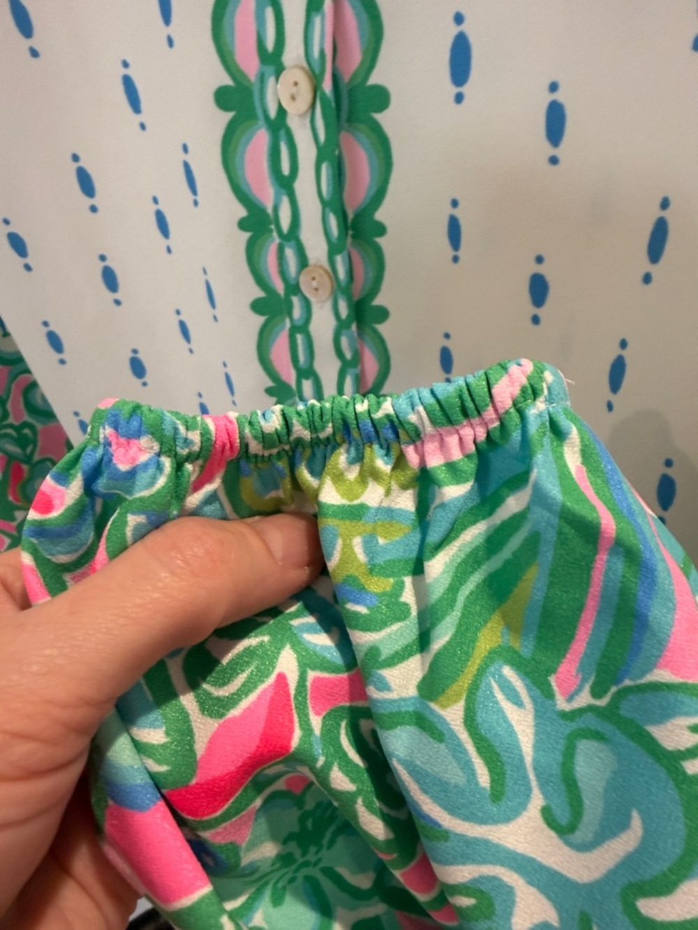 Lilly Pulitzer White Blouse with Green & Pink Botanical Border - Picture 6 of 13